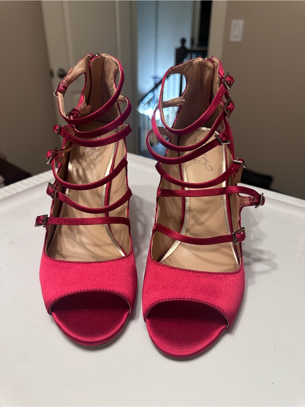 Jewel by Badgley Mischka Strappy Open-Toe Caged Heels in Fuchsia Pink